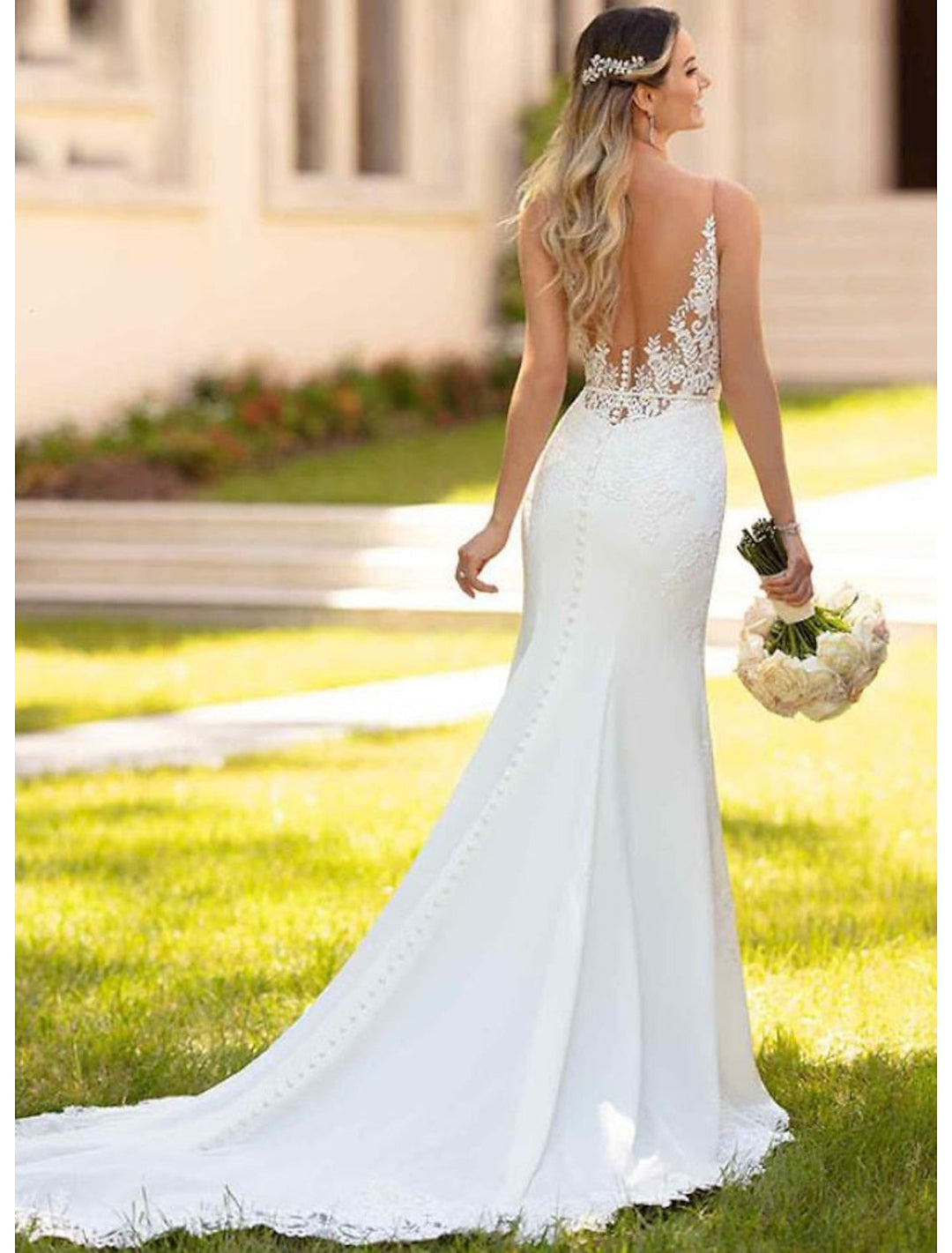 Trumpet/Mermaid V-Neck Appliques Sweep Train Lace Wedding Dress BabaMila