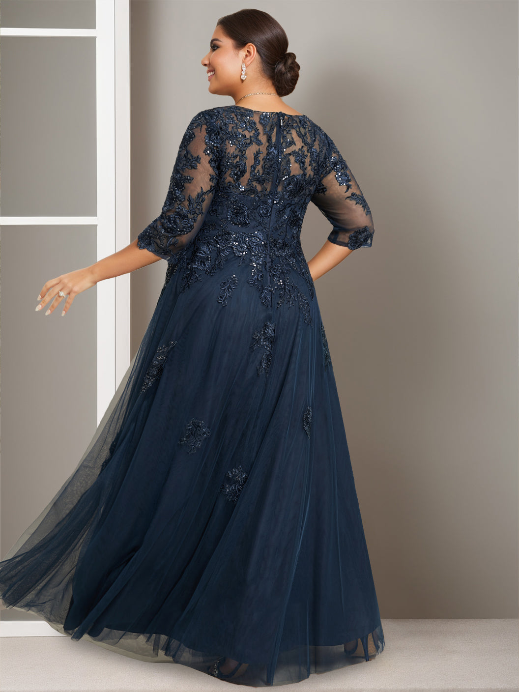 A-Line/Princess V-Neck Half Sleeves Floor-Length Plus Size Mother Of The Bride Dresses With Sequins BabaMila