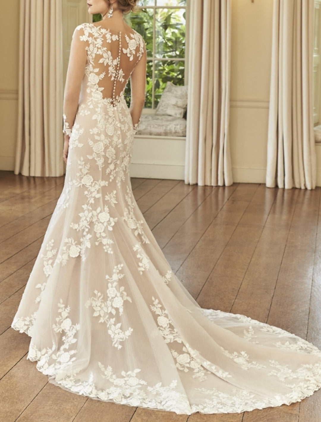 Trumpet/Mermaid Champagne V-Neck Long Sleeve Sweep Train Lace Button Wedding Dress BabaMila