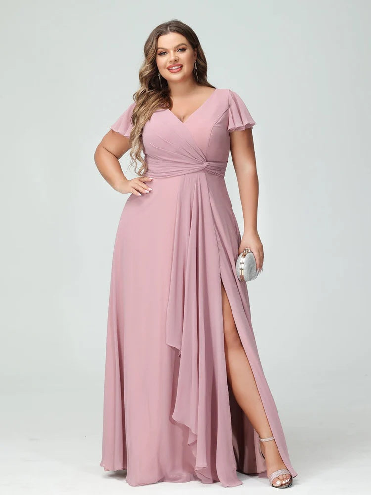 A-Line/Princess V-Neck Short Sleeves Chiffon Ruffles Split Side Plus Size Bridesmaid Dresses with Pockets BabaMila