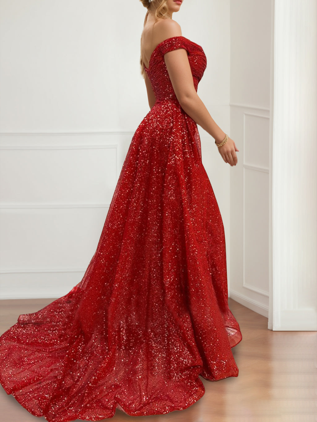 Sheath/Column Off-the-Shoulder Short Sleeves Floor-length Evening Dresses with Split Side BabaMila