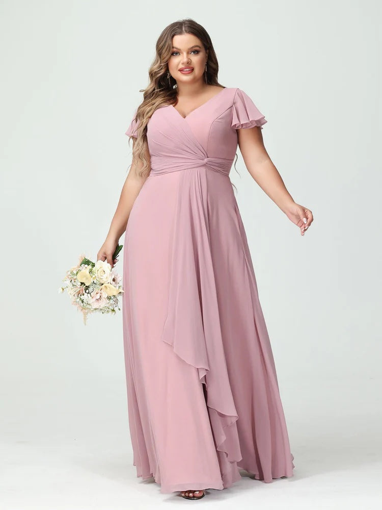 A-Line/Princess V-Neck Short Sleeves Chiffon Ruffles Split Side Plus Size Bridesmaid Dresses with Pockets BabaMila