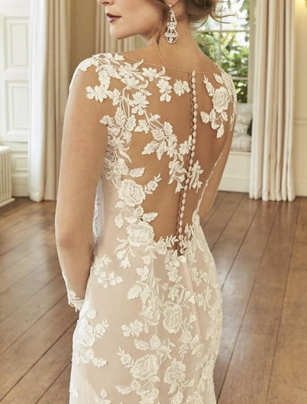 Trumpet/Mermaid Champagne V-Neck Long Sleeve Sweep Train Lace Button Wedding Dress BabaMila