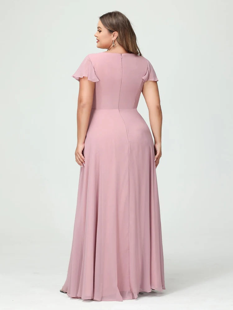A-Line/Princess V-Neck Short Sleeves Chiffon Ruffles Split Side Plus Size Bridesmaid Dresses with Pockets BabaMila
