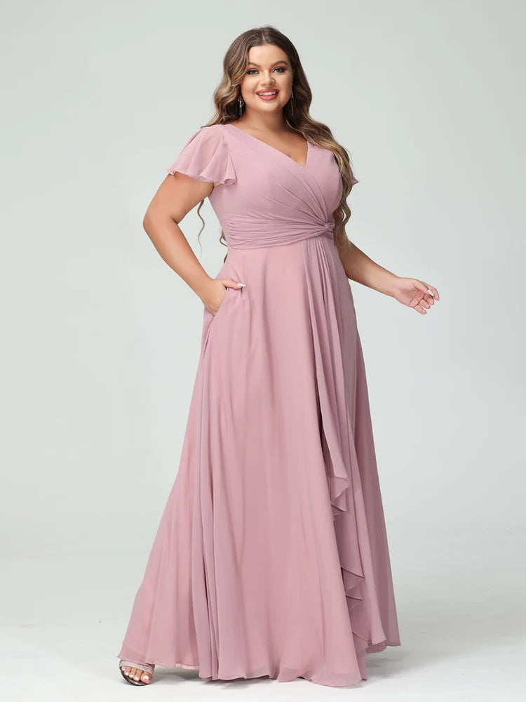 A-Line/Princess V-Neck Short Sleeves Chiffon Ruffles Split Side Plus Size Bridesmaid Dresses with Pockets BabaMila