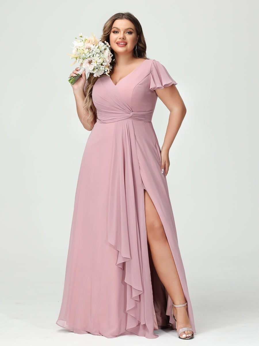 A-Line/Princess V-Neck Short Sleeves Chiffon Ruffles Split Side Plus Size Bridesmaid Dresses with Pockets BabaMila