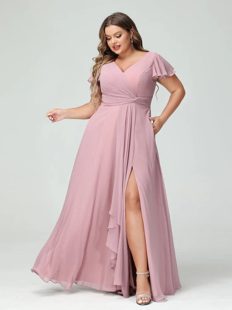 A-Line/Princess V-Neck Short Sleeves Chiffon Ruffles Split Side Plus Size Bridesmaid Dresses with Pockets BabaMila