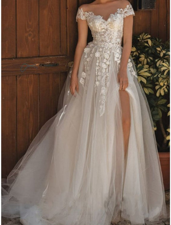 A-Line/Princess V-Neck Off-the-Shoulder Floor-length Lace Wedding Dress BabaMila