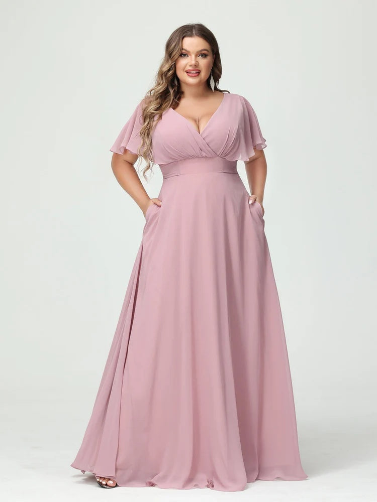 A-Line/Princess V-Neck Short Sleeves Chiffon Plus Size Bridesmaid Dresses with Pockets BabaMila