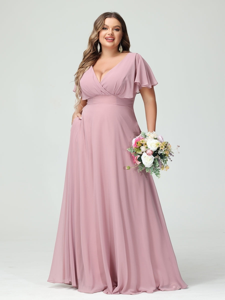 A-Line/Princess V-Neck Short Sleeves Chiffon Plus Size Bridesmaid Dresses with Pockets BabaMila