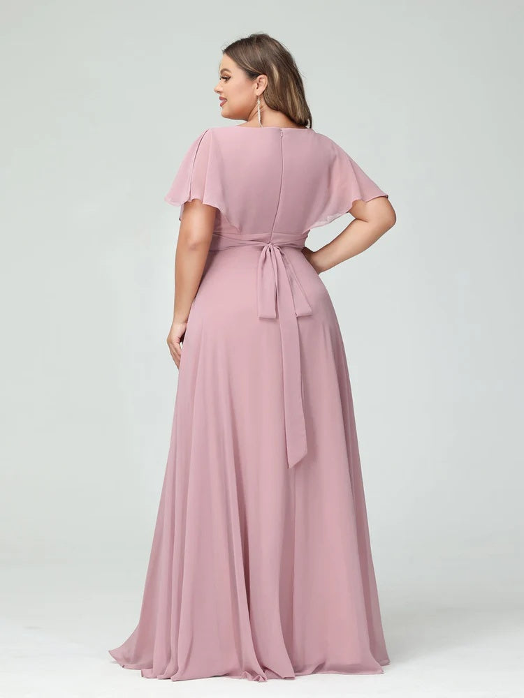 A-Line/Princess V-Neck Short Sleeves Chiffon Plus Size Bridesmaid Dresses with Pockets BabaMila
