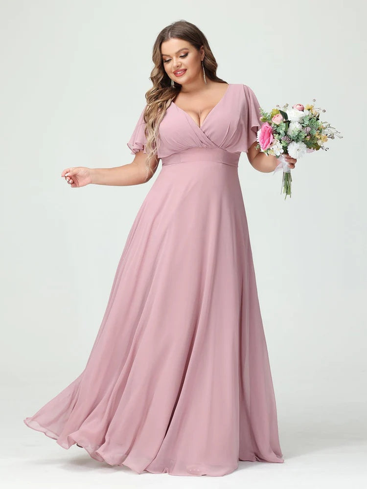 A-Line/Princess V-Neck Short Sleeves Chiffon Plus Size Bridesmaid Dresses with Pockets BabaMila