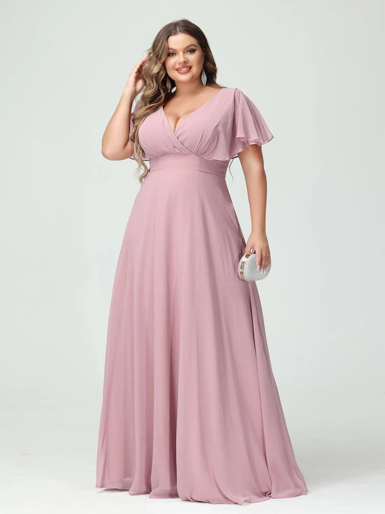 A-Line/Princess V-Neck Short Sleeves Chiffon Plus Size Bridesmaid Dresses with Pockets BabaMila