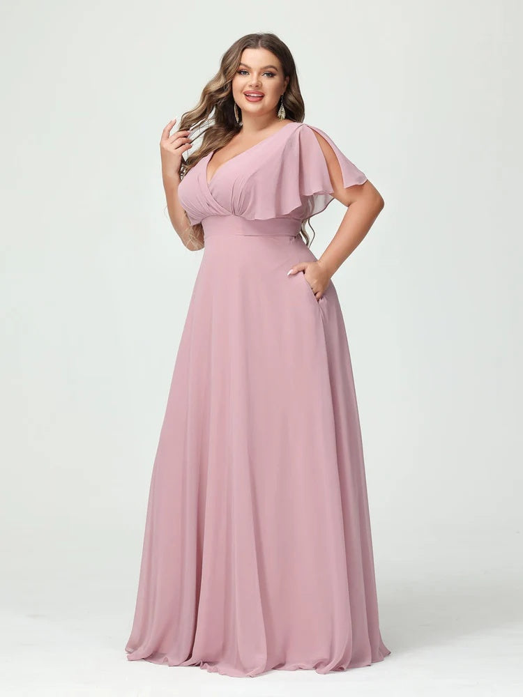 A-Line/Princess V-Neck Short Sleeves Chiffon Plus Size Bridesmaid Dresses with Pockets BabaMila