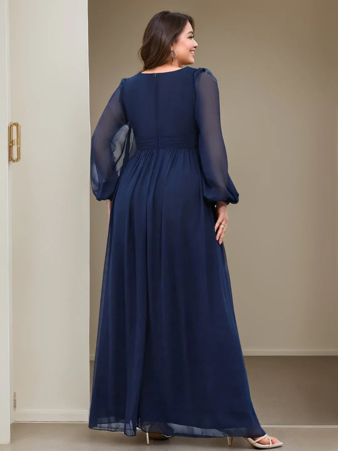 A-Line/Princess V-Neck Long Sleeves Floor-Length Plus Size Mother Of The Bride Dresses With Ruffles BabaMila