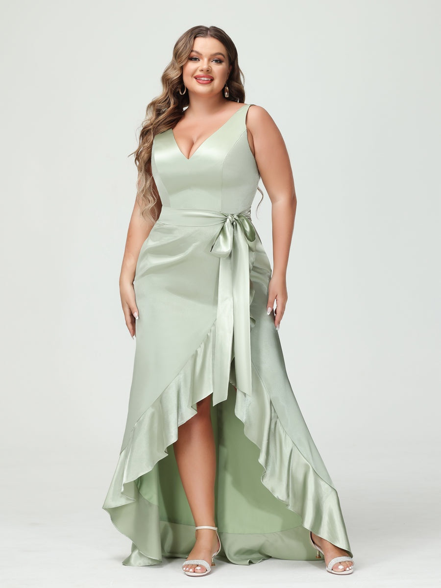 Sheath/Column V-Neck Sleeveless Ruffles High Low Plus Size Dresses with Pockets & Sash BabaMila
