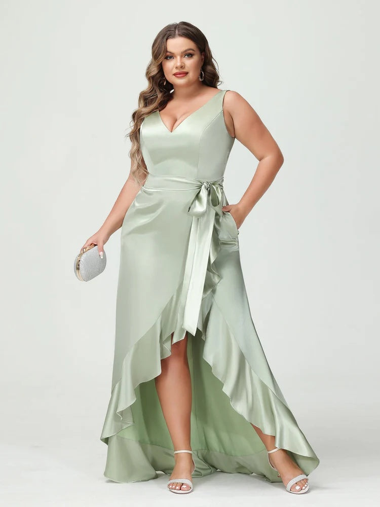 Sheath/Column V-Neck Sleeveless Ruffles High Low Plus Size Dresses with Pockets & Sash BabaMila
