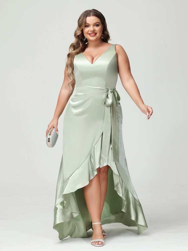 Sheath/Column V-Neck Sleeveless Ruffles High Low Plus Size Dresses with Pockets & Sash BabaMila