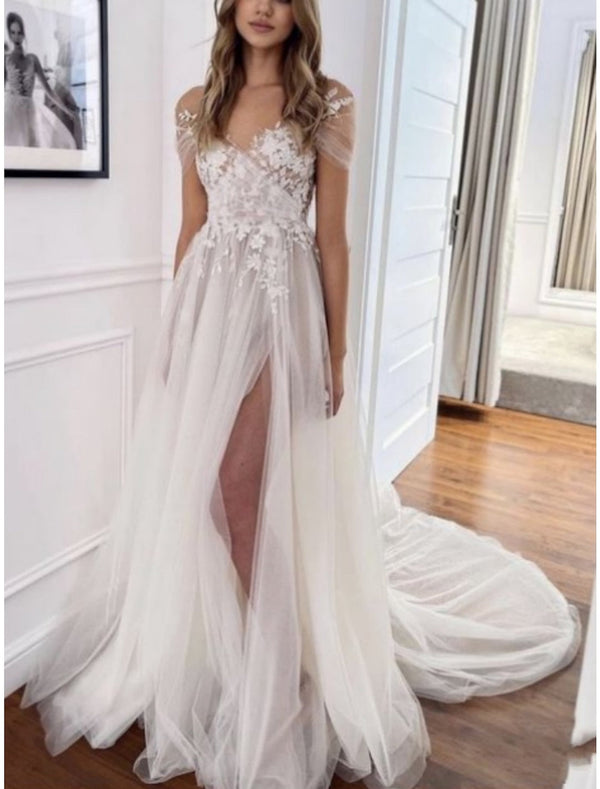 A-Line/Princess Off-the-shoulder V-Neck Floor-length Lace Wedding Dress With Pleated/Appliques BabaMila