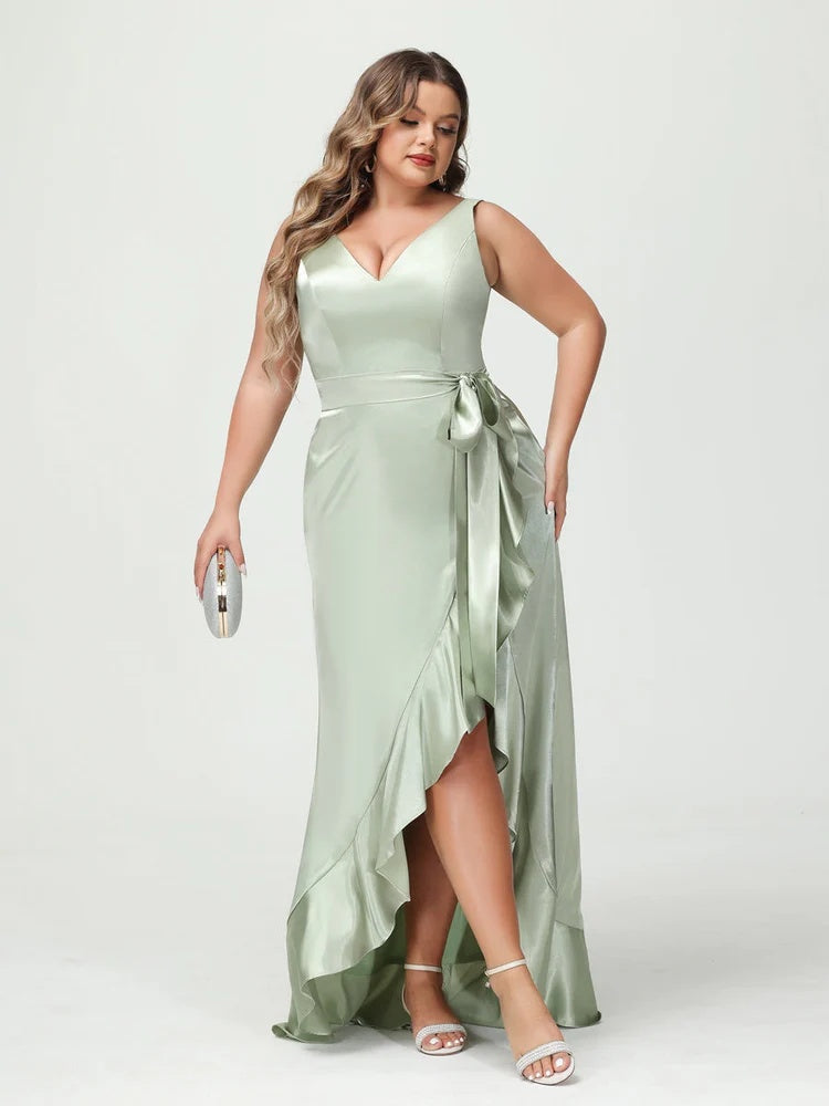 Sheath/Column V-Neck Sleeveless Ruffles High Low Plus Size Dresses with Pockets & Sash BabaMila