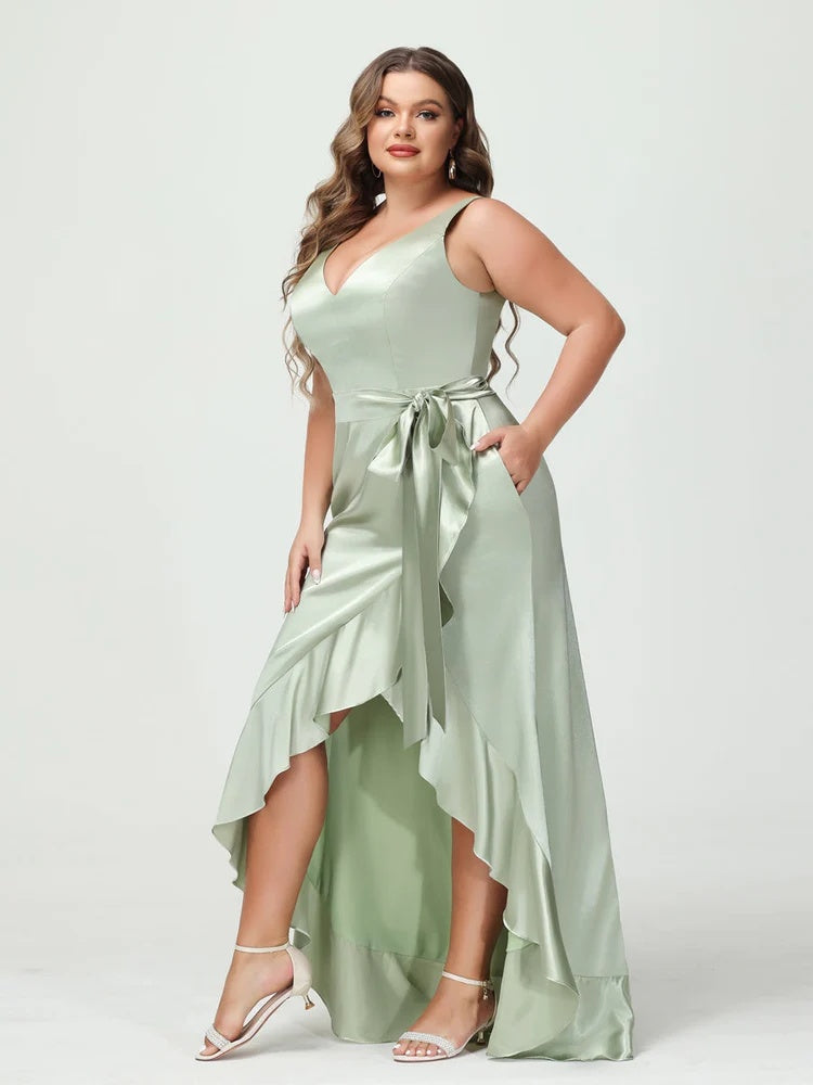 Sheath/Column V-Neck Sleeveless Ruffles High Low Plus Size Dresses with Pockets & Sash BabaMila