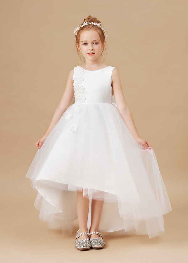 Ball Gown/Princess Boat Neck Sleeveless Satin/Tulle Ivory Asymmetrical Flower Girl Dresses/First Communion Dress With Appliques/Bow Gidiondress