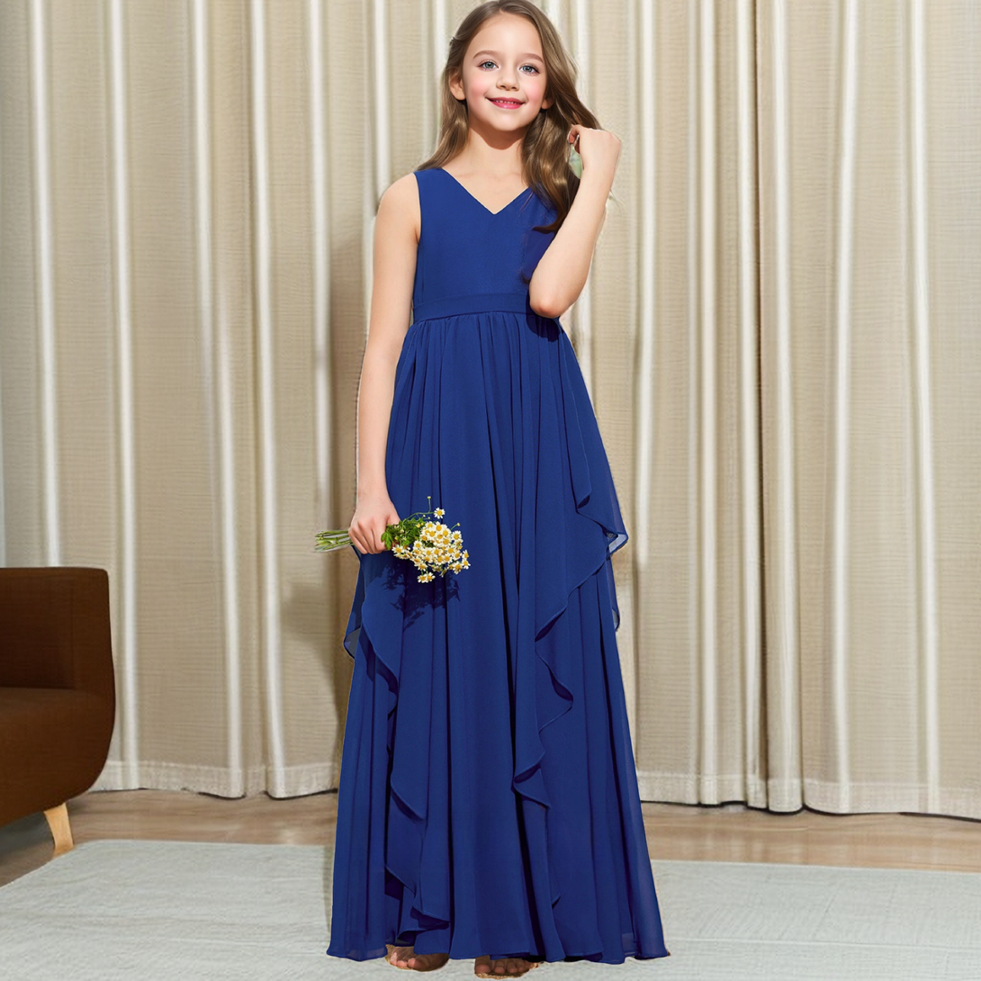 A-line V-Neck Floor-Length Royal Blue Chiffon Junior Bridesmaid Dress With Cascading Ruffles Girls Gidiondress