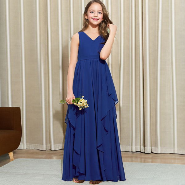A-line V-Neck Floor-Length Royal Blue Chiffon Junior Bridesmaid Dress With Cascading Ruffles Girls Gidiondress
