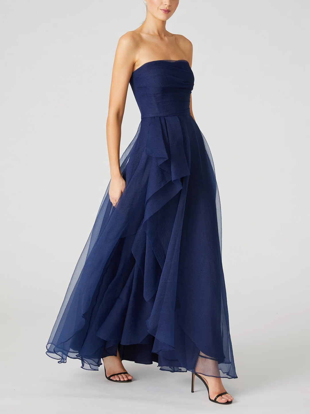 A-Line/Princess Strapless Sleeveless Ankle-Length Evening Dress with Cascading Ruffles BabaMila