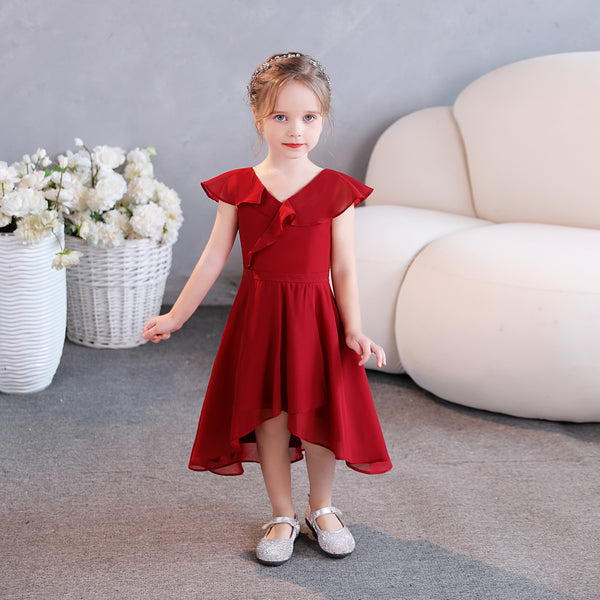 Girls Birthday Dresses V-Neck Cape Chiffon Asymmetrical Junior Bridesmaid Dress/Party Dresses With Belt Girls Gidiondress
