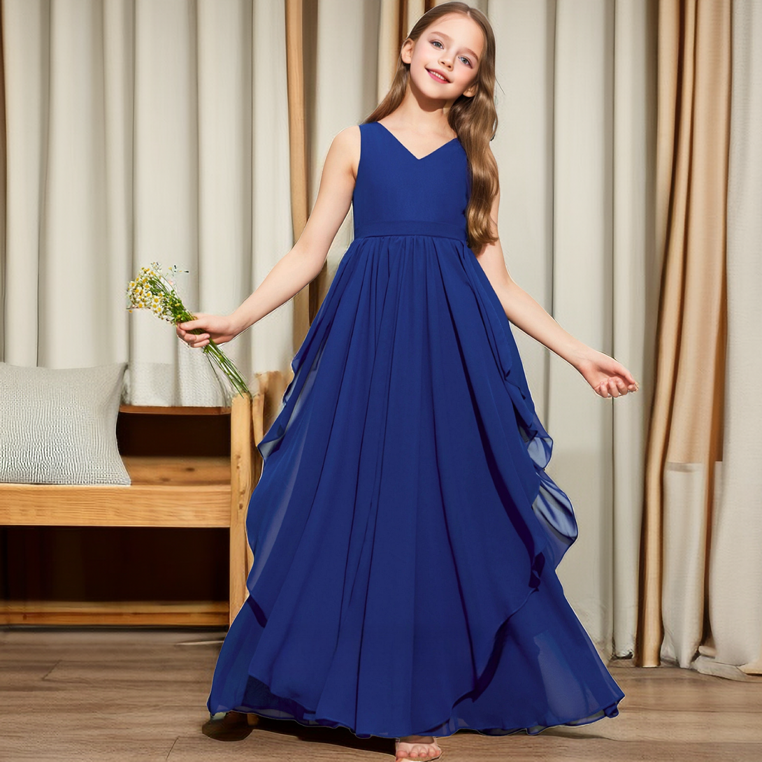 A-line V-Neck Floor-Length Royal Blue Chiffon Junior Bridesmaid Dress With Cascading Ruffles Girls Gidiondress