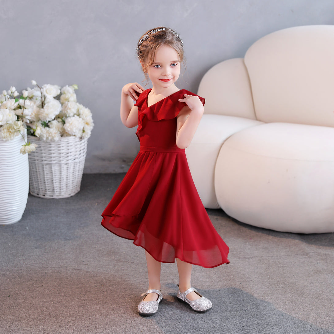 Girls Birthday Dresses V-Neck Cape Chiffon Asymmetrical Junior Bridesmaid Dress/Party Dresses With Belt Girls Gidiondress