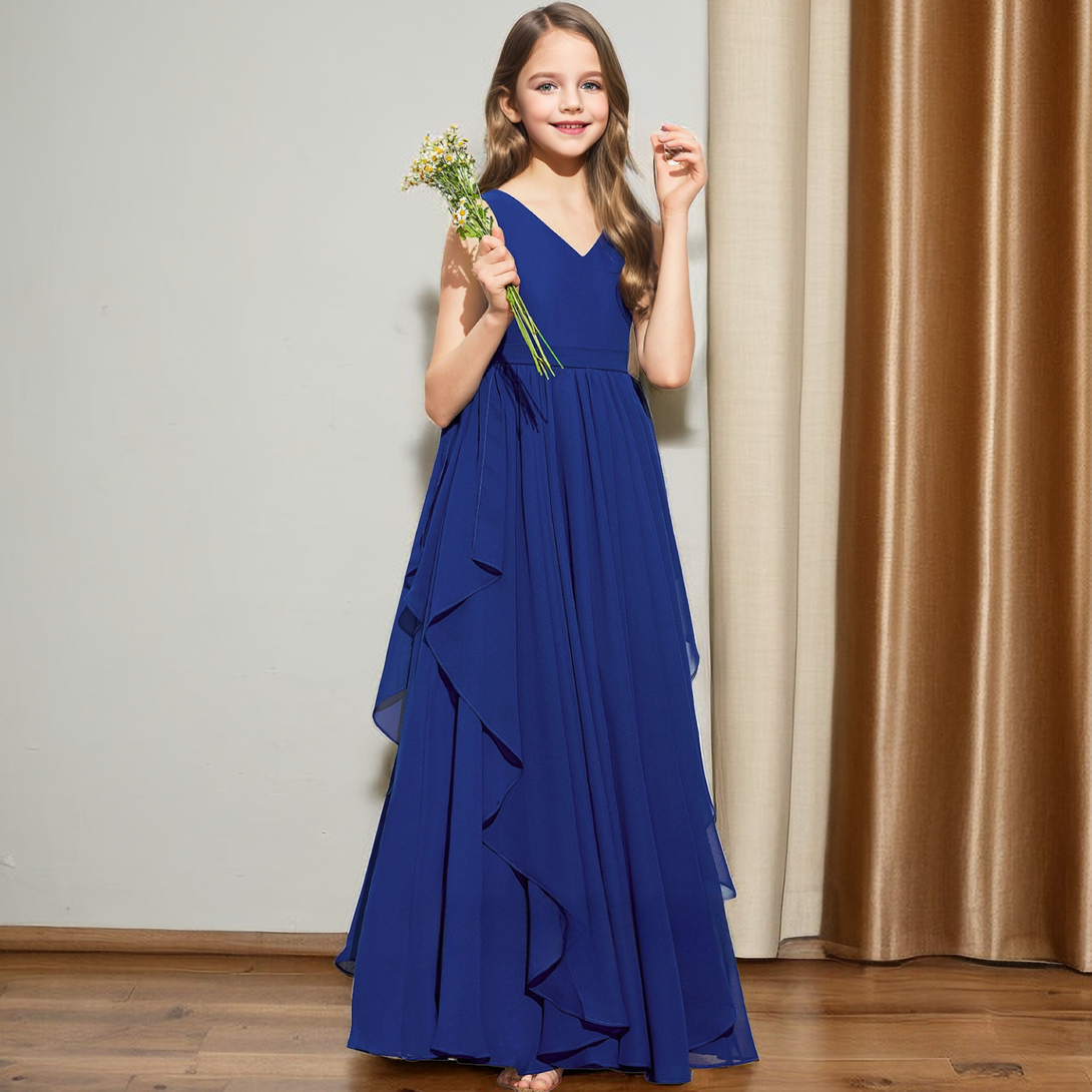 A-line V-Neck Floor-Length Royal Blue Chiffon Junior Bridesmaid Dress With Cascading Ruffles Girls Gidiondress as picture 12M