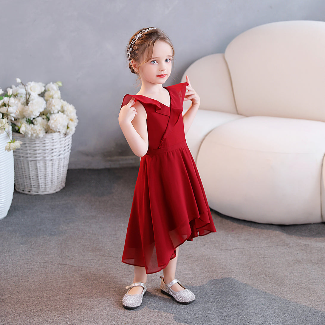 Girls Birthday Dresses V-Neck Cape Chiffon Asymmetrical Junior Bridesmaid Dress/Party Dresses With Belt Girls Gidiondress