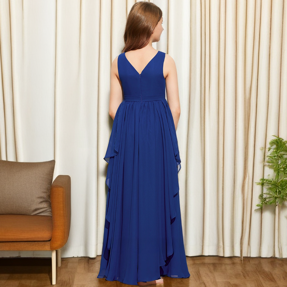 A-line V-Neck Floor-Length Royal Blue Chiffon Junior Bridesmaid Dress With Cascading Ruffles Girls Gidiondress
