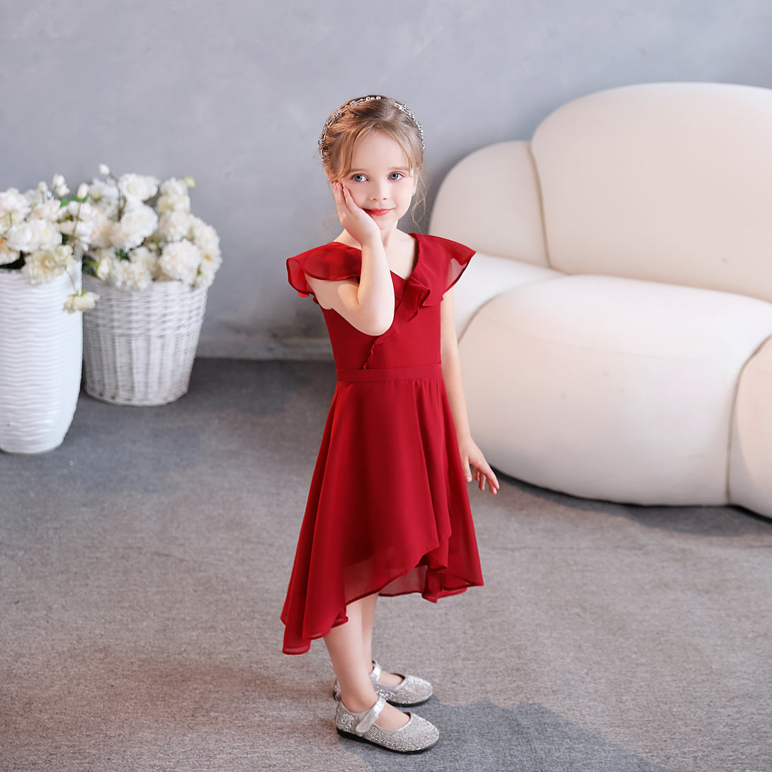 Girls Birthday Dresses V-Neck Cape Chiffon Asymmetrical Junior Bridesmaid Dress/Party Dresses With Belt Girls Gidiondress