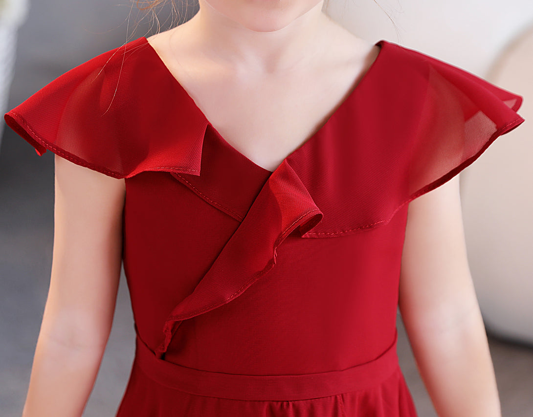 Girls Birthday Dresses V-Neck Cape Chiffon Asymmetrical Junior Bridesmaid Dress/Party Dresses With Belt Girls Gidiondress