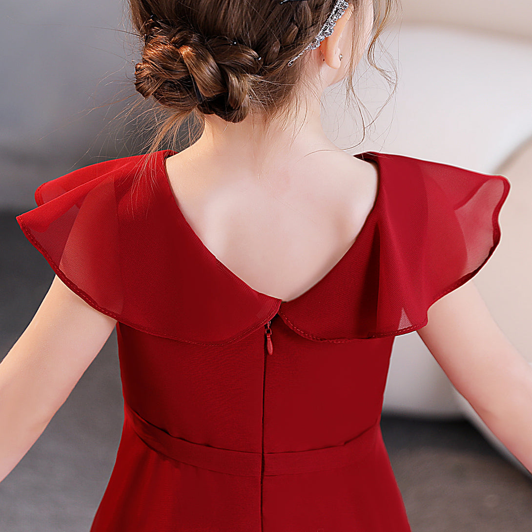 Girls Birthday Dresses V-Neck Cape Chiffon Asymmetrical Junior Bridesmaid Dress/Party Dresses With Belt Girls Gidiondress