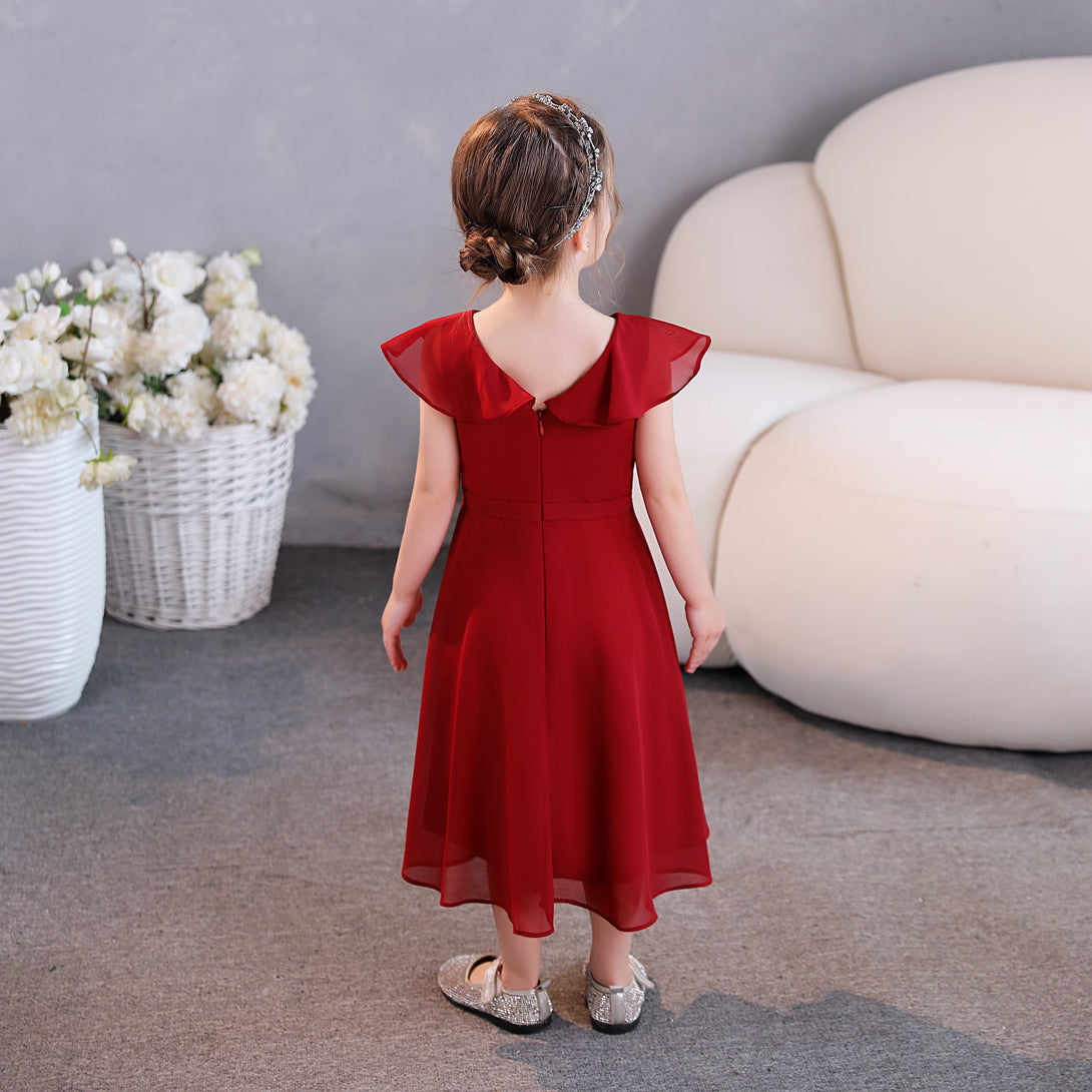 Girls Birthday Dresses V-Neck Cape Chiffon Asymmetrical Junior Bridesmaid Dress/Party Dresses With Belt Girls Gidiondress