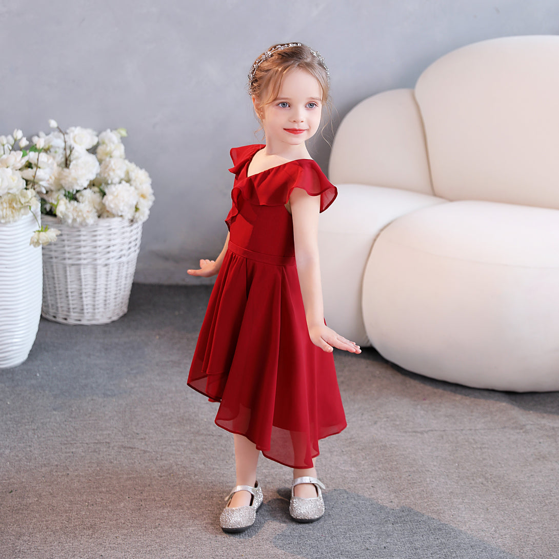 Girls Birthday Dresses V-Neck Cape Chiffon Asymmetrical Junior Bridesmaid Dress/Party Dresses With Belt Girls Gidiondress