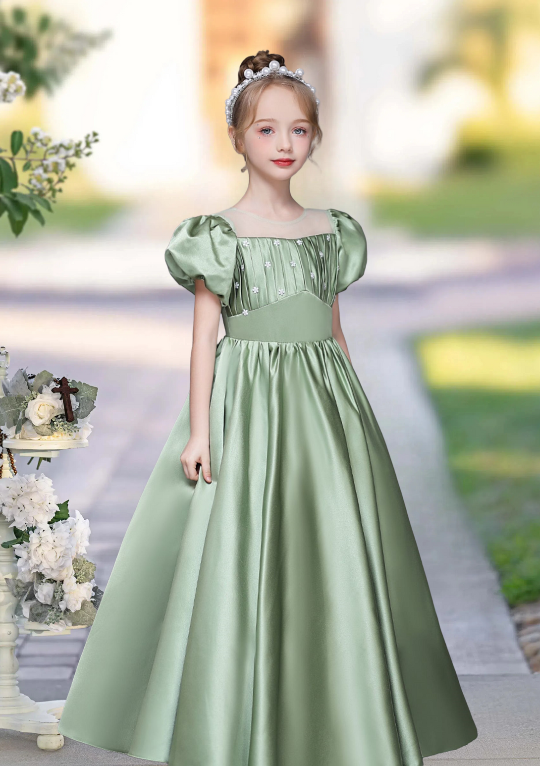 Princess A-Line Scoop Neck Short Sleeve Floor-Length Tulle/Satin Girls Birthday Dresses With Pleated/Beads Girls Gidiondress