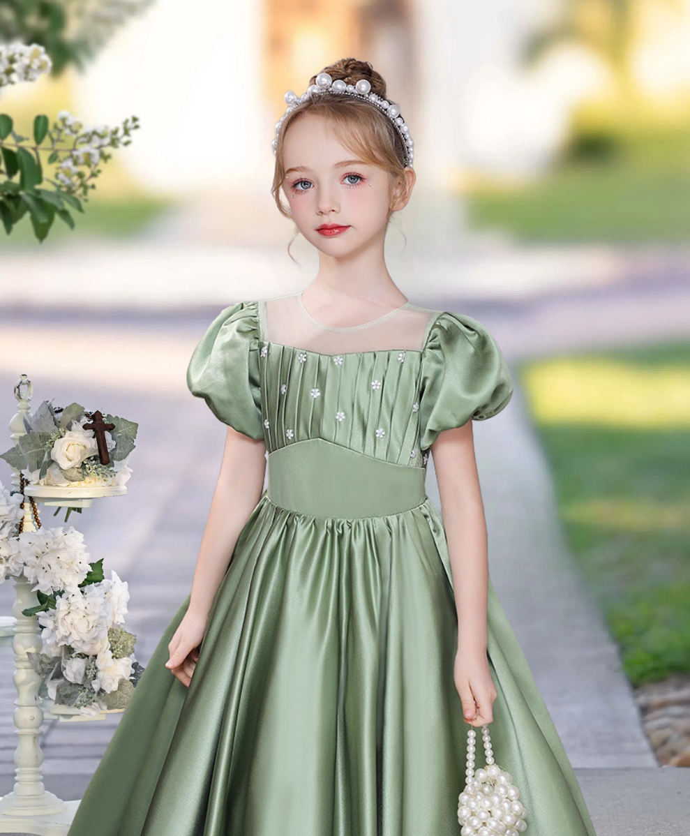 Princess A-Line Scoop Neck Short Sleeve Floor-Length Tulle/Satin Girls Birthday Dresses With Pleated/Beads Girls Gidiondress