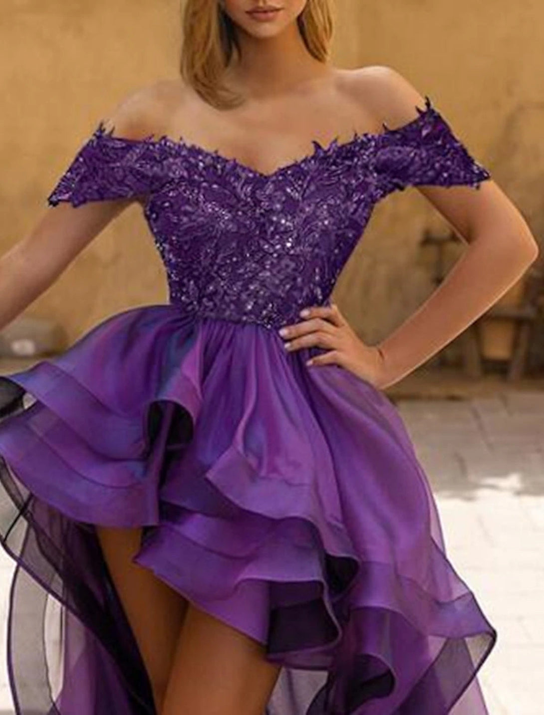 Ball Gown Off-The-Shoulder Evening Dresses Asymmetrical Prom Party Dress With Sequins BabaMila