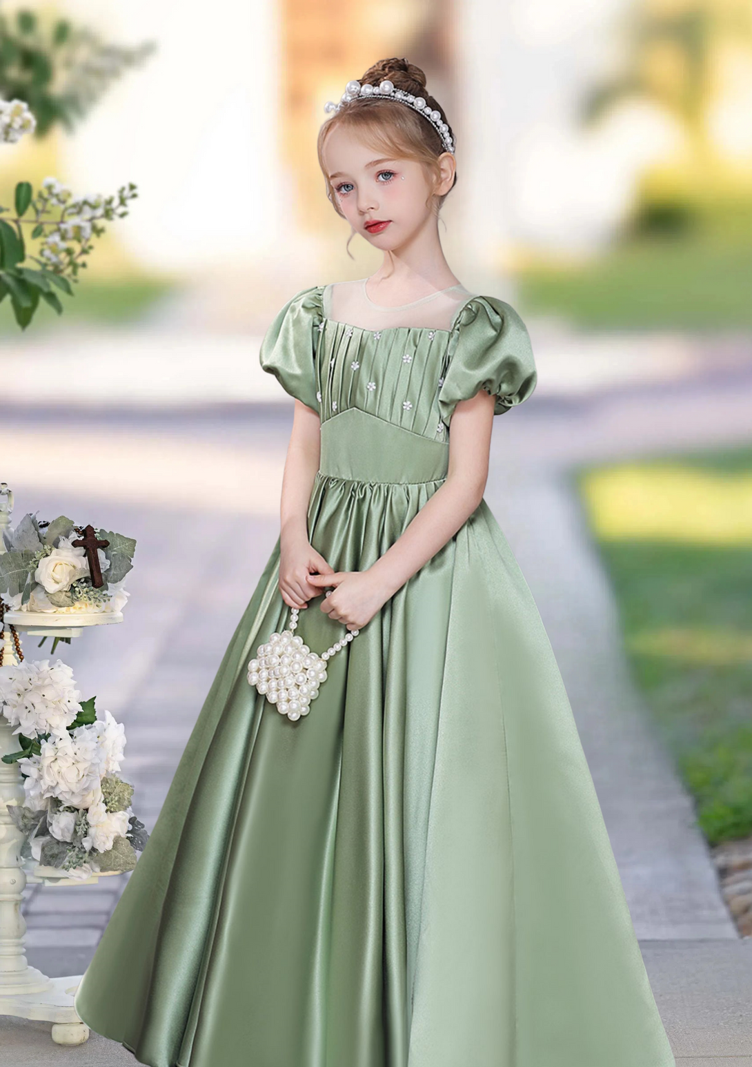 Princess A-Line Scoop Neck Short Sleeve Floor-Length Tulle/Satin Girls Birthday Dresses With Pleated/Beads Girls Gidiondress