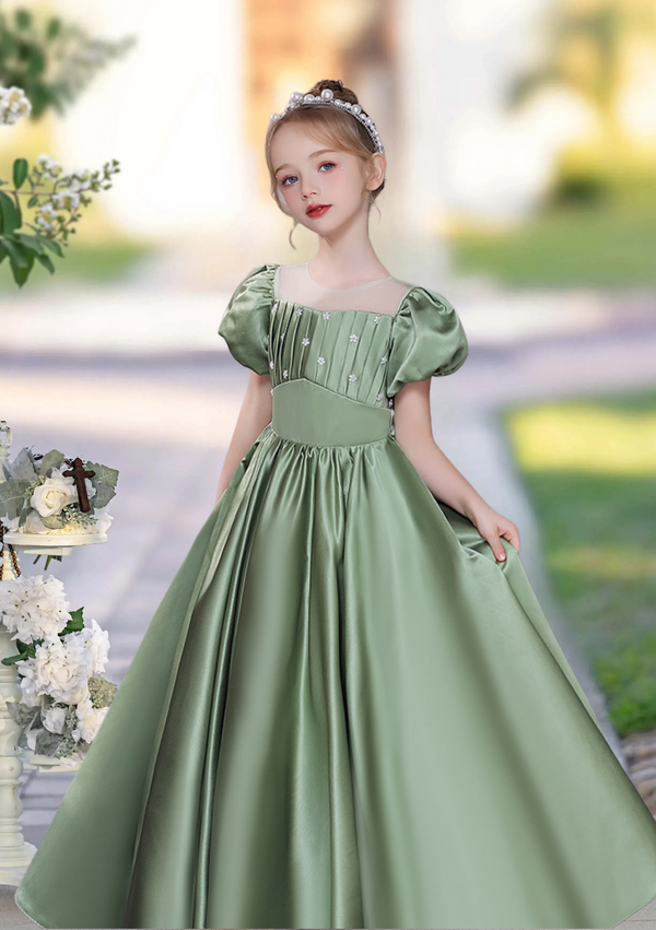 Princess A-Line Scoop Neck Short Sleeve Floor-Length Tulle/Satin Girls Birthday Dresses With Pleated/Beads Girls Gidiondress