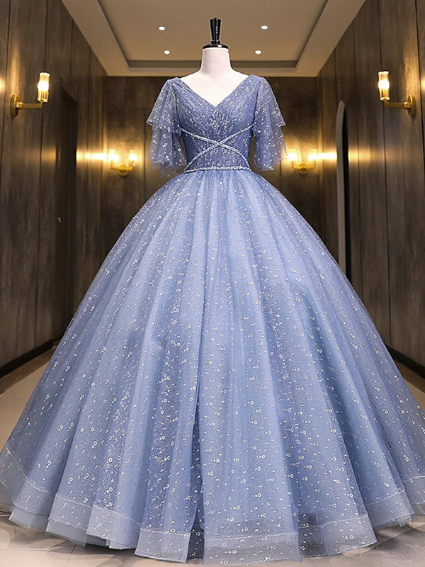 Ball Gown V-Neck Flutter Straps Short Sleeves Floor-length Long Prom Dresses with Sequin BabaMila