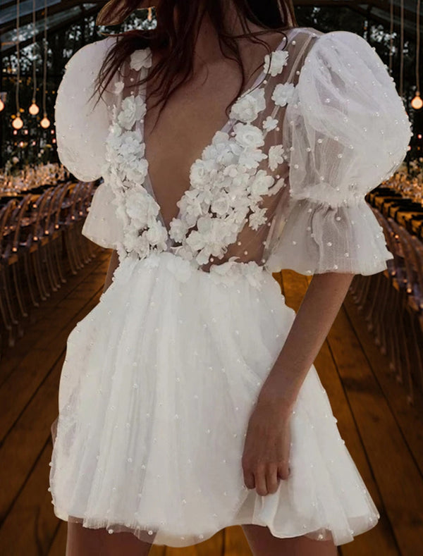A-Line/Princess V-Neck Short Puff Sleeve Mini Lace Wedding Dress With 3D Flower/Beads BabaMila