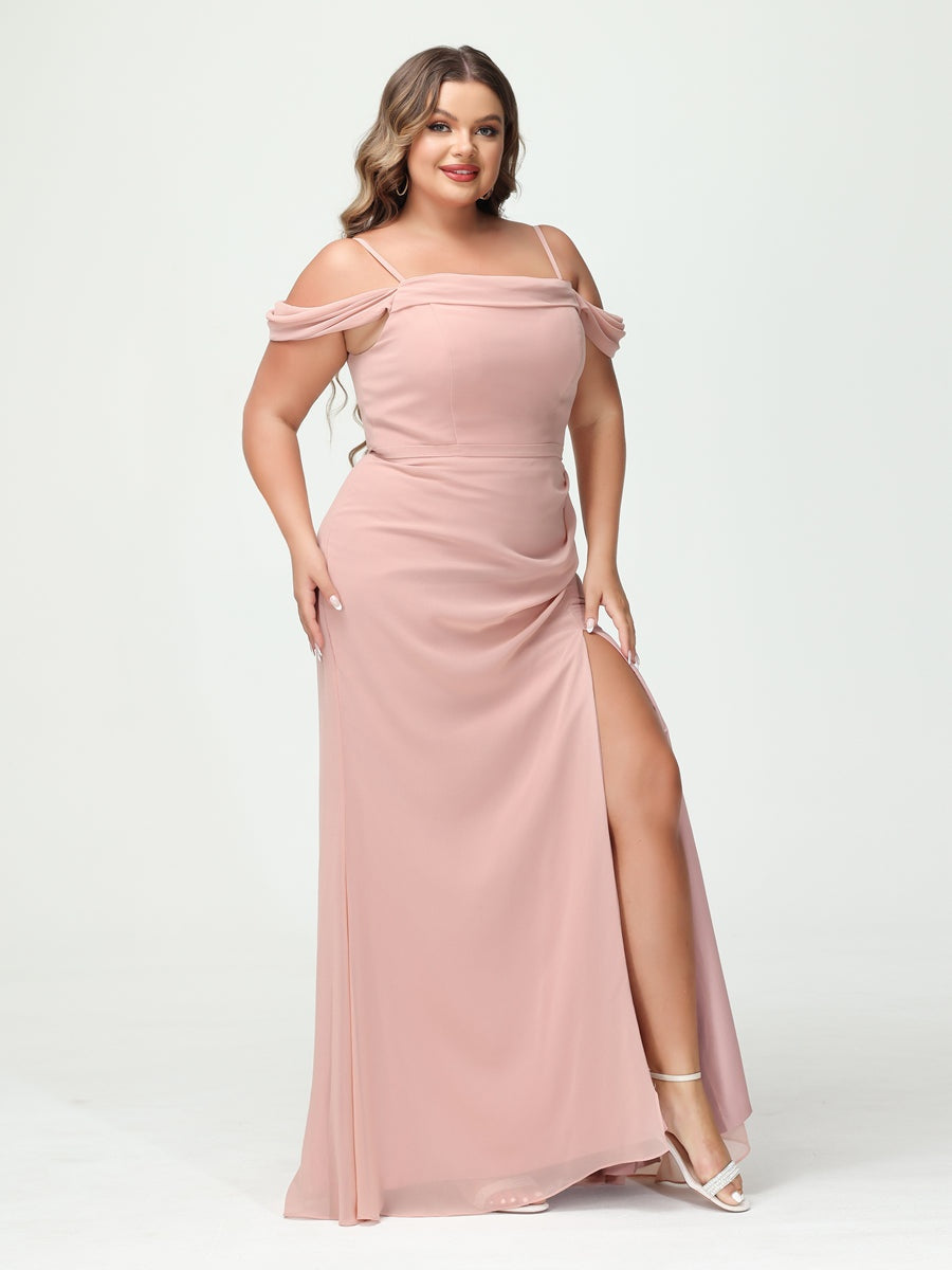 Sheath/Column Spaghetti Straps Off-the-Shoulder Chiffon Split Side Plus Size Bridesmaid Dresses BabaMila