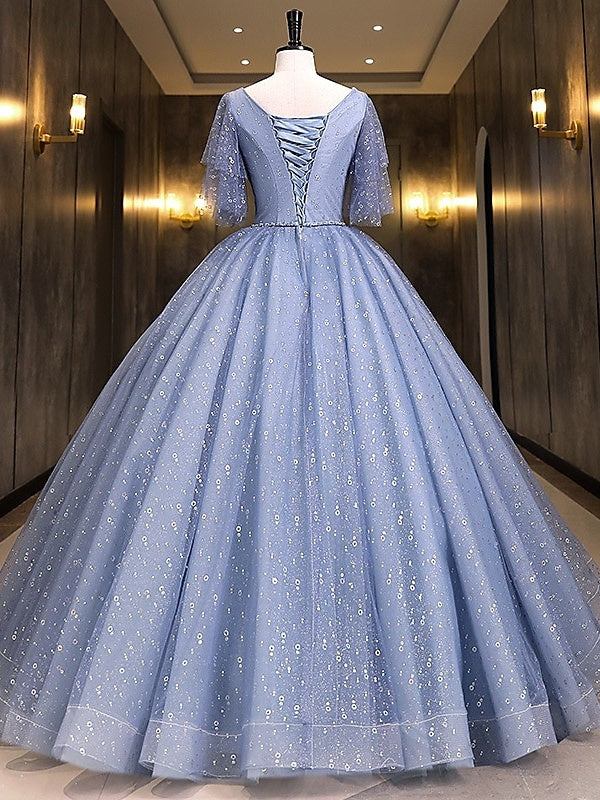 Ball Gown V-Neck Flutter Straps Short Sleeves Floor-length Long Prom Dresses with Sequin BabaMila