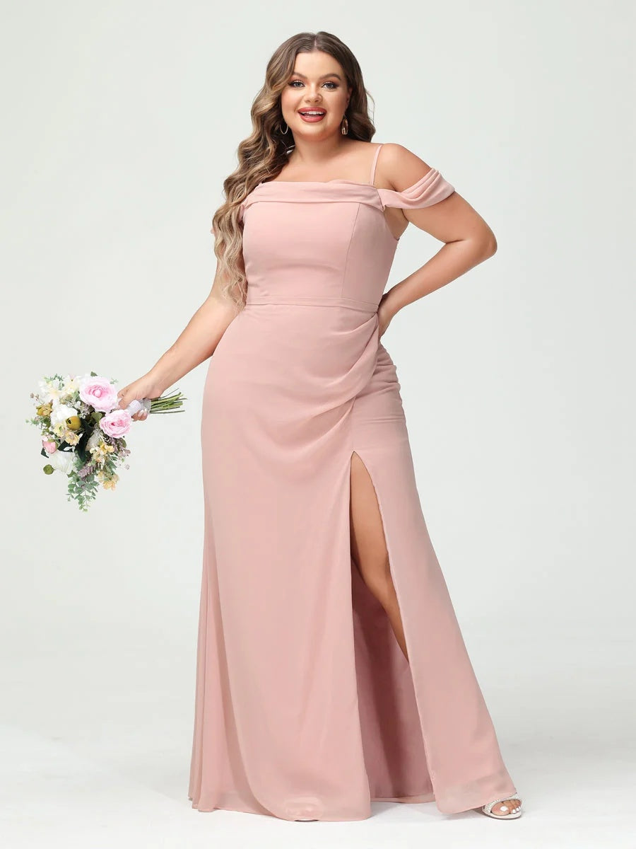 Sheath/Column Spaghetti Straps Off-the-Shoulder Chiffon Split Side Plus Size Bridesmaid Dresses BabaMila